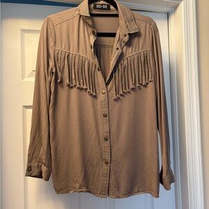 DO+BE Taupe Button-Up Fringe Shirt